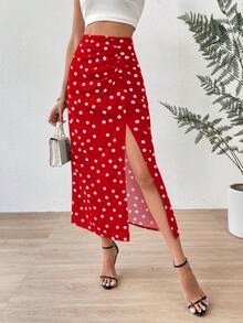 SHEIN Privé Falda de lunares fruncido de muslo con abertura - Rojo - Ver 6
