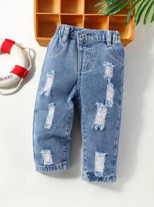 Baby Girl Ripped Straight Leg Jeans - Medium Wash - View 1