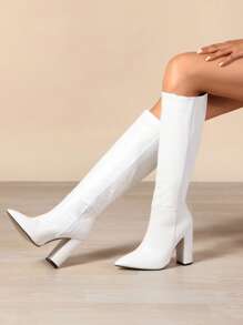 Elegant White Boots For Women, Crocodile Embossed Side Zipper Chunky Heeled Boots - White - View 1