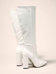 Elegant White Boots For Women, Crocodile Embossed Side Zipper Chunky Heeled Boots - White - View 3