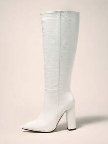 Elegant White Boots For Women, Crocodile Embossed Side Zipper Chunky Heeled Boots - White - View 5