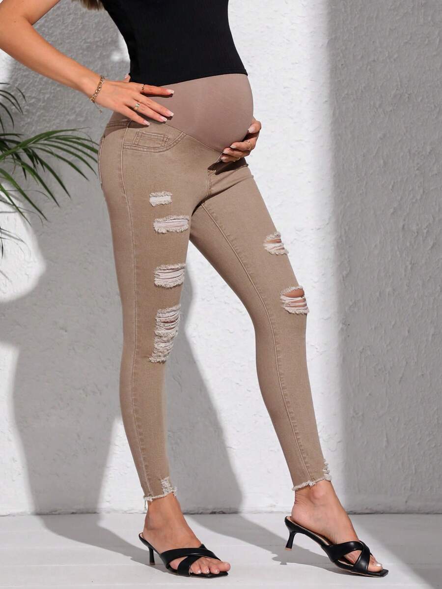 SHEIN Quần jean bà bầu Bị tách màu trơn - Màu Khaki - Xem 1