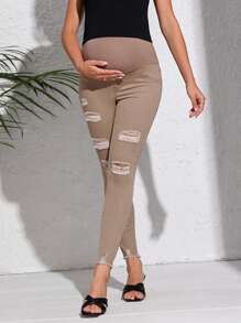 SHEIN Quần jean bà bầu Bị tách màu trơn - Màu Khaki - Xem 5