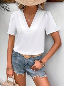 SHEIN Frenchy Áo sơ mi nữ Xếp li màu trơn Giải trí - trắng - Xem 1