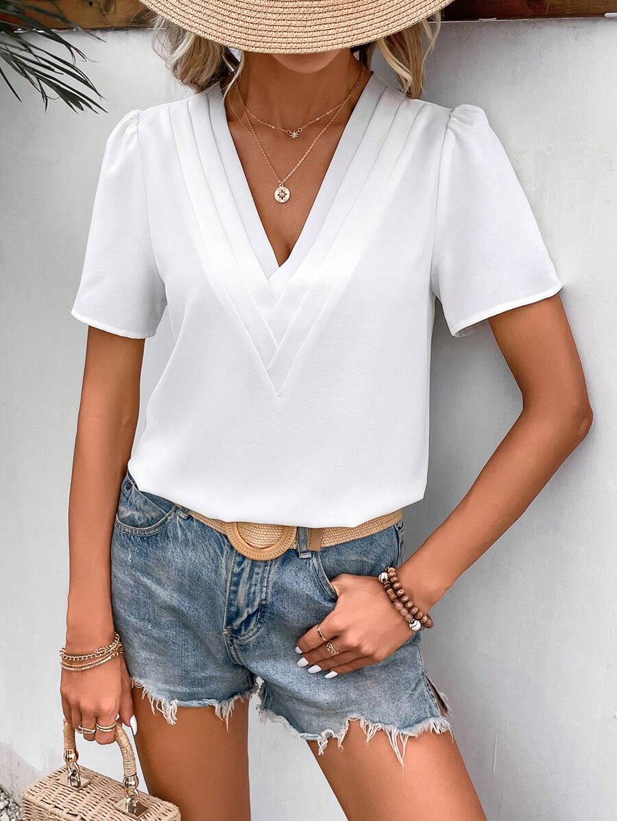 SHEIN Frenchy Áo sơ mi nữ Xếp li màu trơn Giải trí - trắng - Xem 1