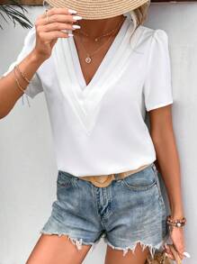 SHEIN Frenchy Áo sơ mi nữ Xếp li màu trơn Giải trí - trắng - Xem 6
