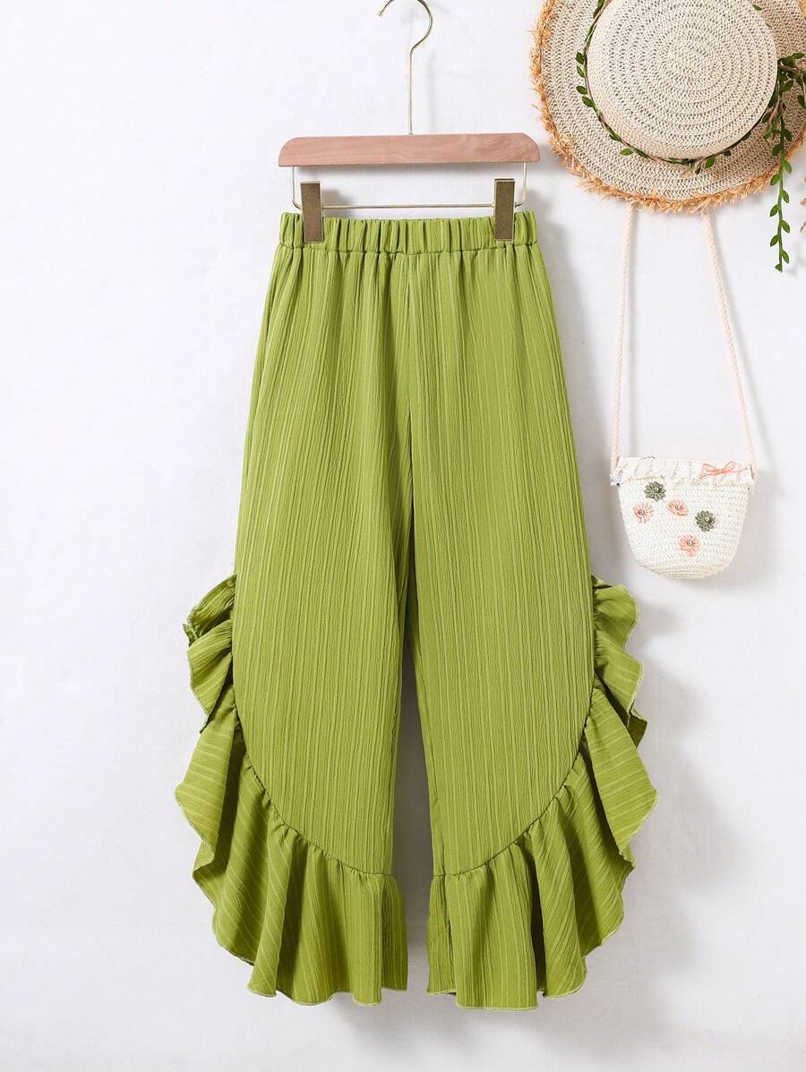 Chicas Pantalones ribete con fruncido bajo asimétrico - Verde Oliva - Ver 1