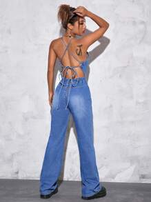 SHEIN EZwear 後背繫帶喇叭牛仔連身褲 - 中等水洗藍 - 查看 2