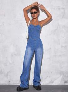 SHEIN EZwear 後背繫帶喇叭牛仔連身褲 - 中等水洗藍 - 查看 4