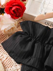 Tween Girl Cold Shoulder Ruffle Trim Dress - Black - View 6