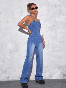 SHEIN EZwear 後背繫帶喇叭牛仔連身褲 - 中等水洗藍 - 查看 5