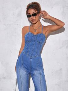 SHEIN EZwear 後背繫帶喇叭牛仔連身褲 - 中等水洗藍 - 查看 7