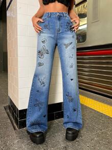 SHEIN ICON Jeans de pierna amplia con estampado de mariposa