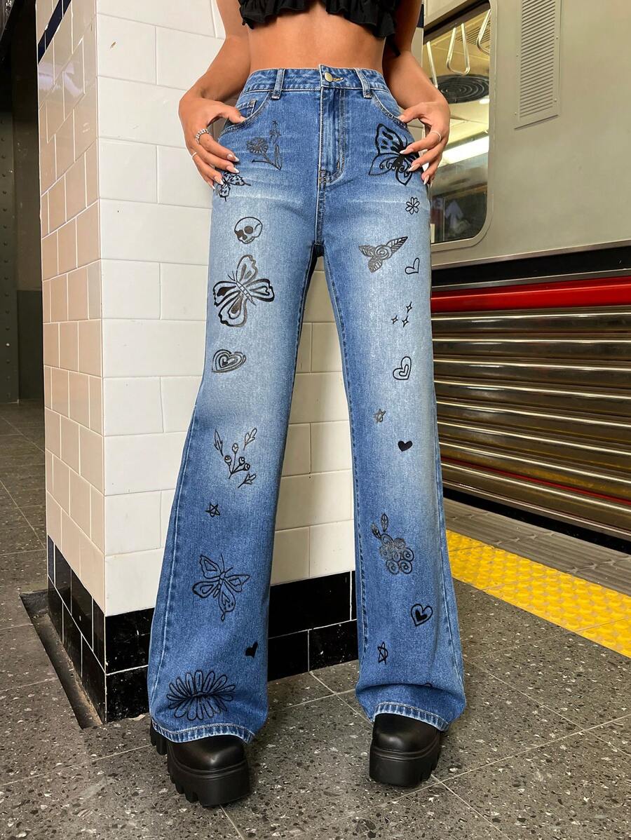 SHEIN ICON Jeans de pierna amplia con estampado de mariposa