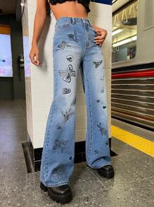 SHEIN ICON Jeans de pierna amplia con estampado de mariposa