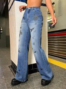 SHEIN ICON Jeans de pierna amplia con estampado de mariposa