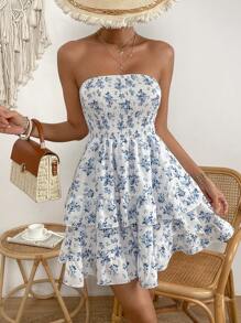 Breezaya Đầm Lộ Lưng Viên lá sen phân lớp Dải chun Hoa Boho - Xanh và trắng - Xem 1