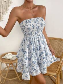 Breezaya Đầm Lộ Lưng Viên lá sen phân lớp Dải chun Hoa Boho - Xanh và trắng - Xem 3