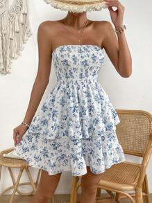 Breezaya Đầm Lộ Lưng Viên lá sen phân lớp Dải chun Hoa Boho - Xanh và trắng - Xem 6