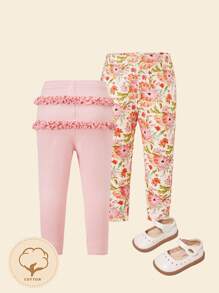 SHEIN Bebé 2 piezas Leggings con estampado floral ribete con fruncido - Multicolor - Ver 1