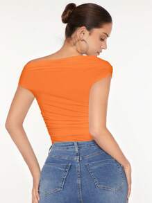SHEIN BAE Asymmetrical Neck Ruched Tee - Orange - View 2