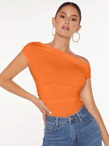 SHEIN BAE Asymmetrical Neck Ruched Tee - Orange - View 4