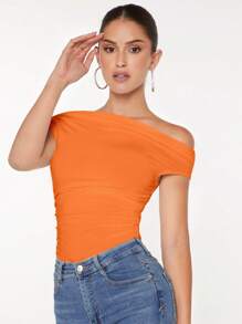 SHEIN BAE Asymmetrical Neck Ruched Tee - Orange - View 6