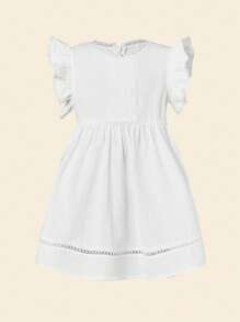 Bebé Vestido smock con encaje en contraste ribete con fruncido - Blanco - Ver 3