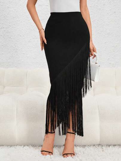 Firerie Fringe Trim Asymmetrical Hem Skirt