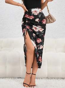 SHEIN Privé Floral Print Drawstring Ruched Split Thigh Skirt - Multicolor - View 1