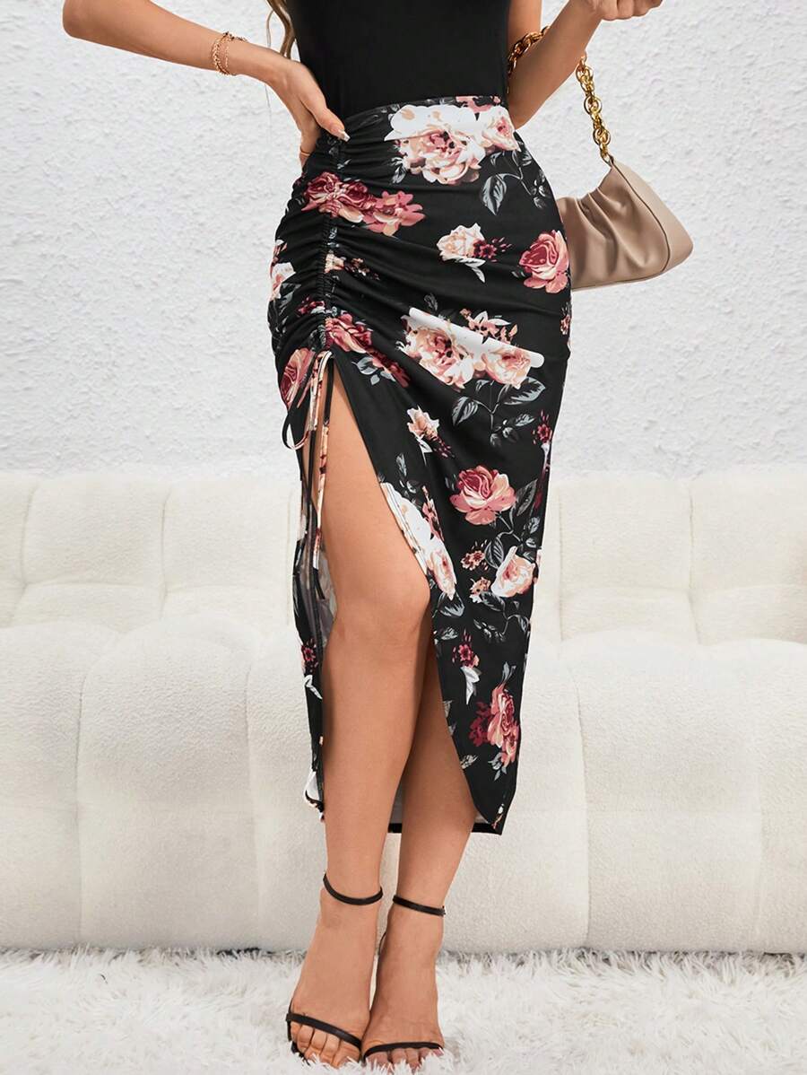 SHEIN Privé Floral Print Drawstring Ruched Split Thigh Skirt - Multicolor - View 1