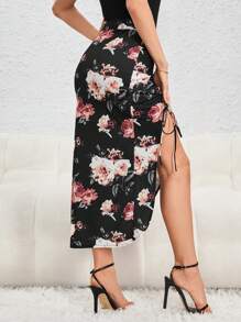 SHEIN Privé Floral Print Drawstring Ruched Split Thigh Skirt - Multicolor - View 5