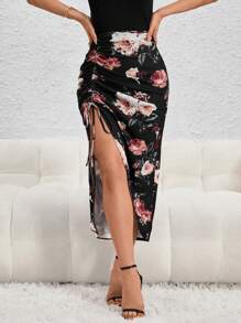 SHEIN Privé Floral Print Drawstring Ruched Split Thigh Skirt - Multicolor - View 3