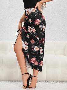 SHEIN Privé Floral Print Drawstring Ruched Split Thigh Skirt - Multicolor - View 6