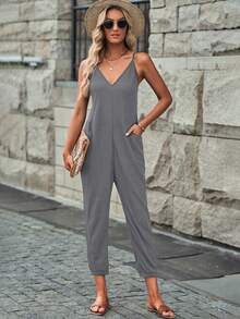 Solid Dual Pocket Cami Jumpsuit - Grey - View 4