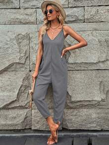 Solid Dual Pocket Cami Jumpsuit - Grey - View 5