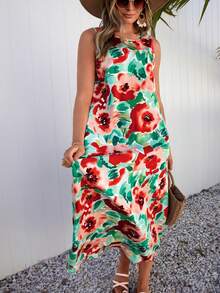 SHEIN VCAY Vestido tank con estampado floral con bolsillo oblicuo - Multicolor - Ver 4