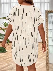 SHEIN LUNE 大碼條紋印花蝙蝠袖襯衫 - 米色 - 查看 2