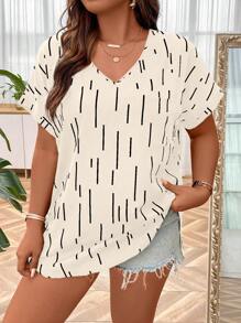 SHEIN LUNE 大碼條紋印花蝙蝠袖襯衫 - 米色 - 查看 4