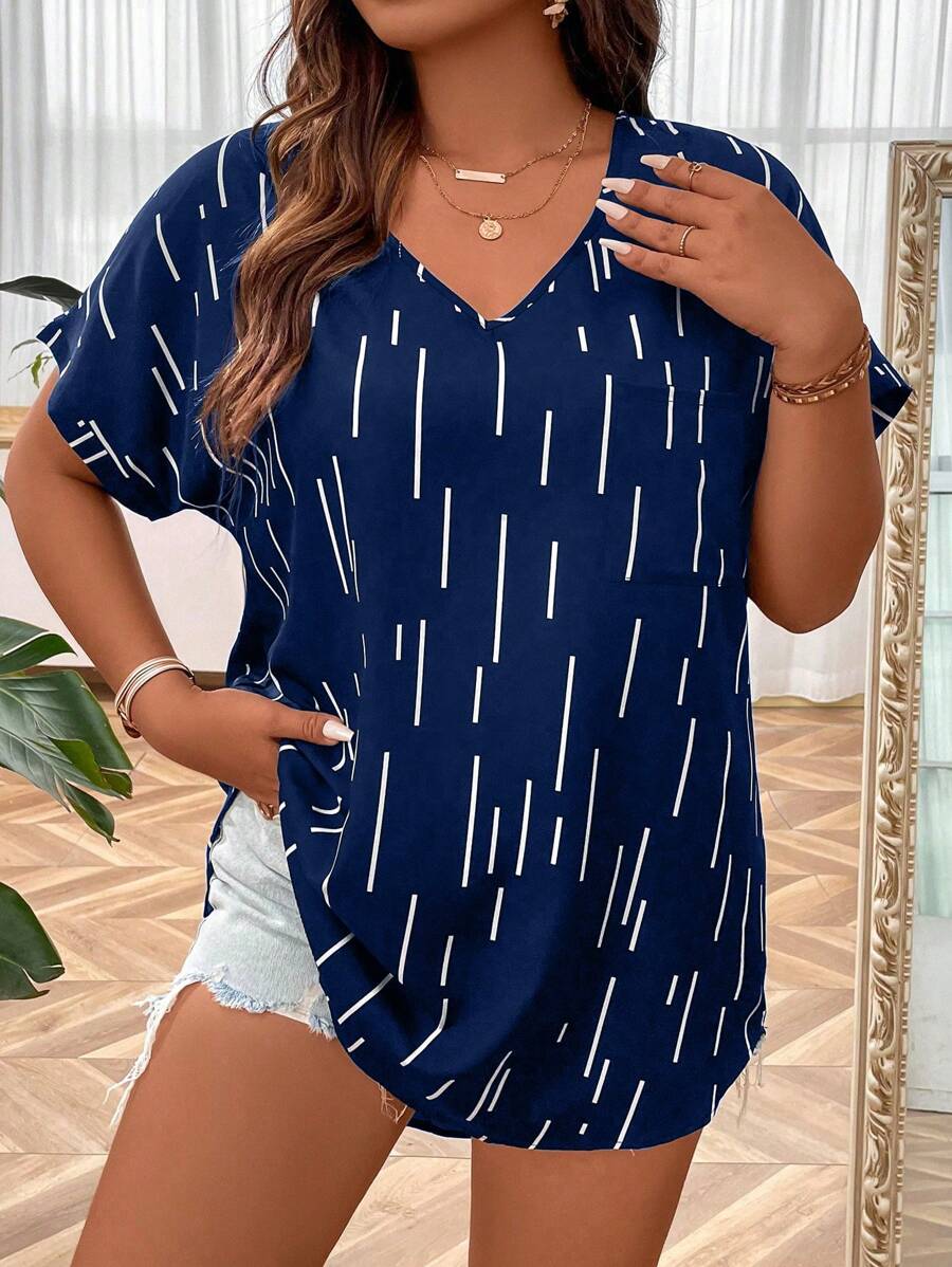 SHEIN LUNE 大碼條紋印花蝙蝠袖襯衫 - 藏蓝色 - 查看 1