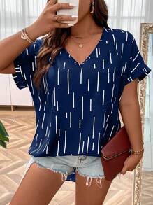 SHEIN LUNE 大碼條紋印花蝙蝠袖襯衫 - 藏蓝色 - 查看 5