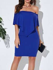 SHEIN LUNE Đầm Xù màu trơn Gợi cảm - Màu xanh lam - Xem 3