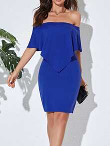 SHEIN LUNE Đầm Xù màu trơn Gợi cảm - Màu xanh lam - Xem 4