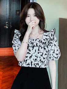 Allover Cartoon Pattern Ruffle Trim Puff Sleeve Blouse - White - View 1