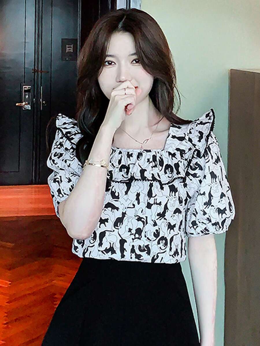 Allover Cartoon Pattern Ruffle Trim Puff Sleeve Blouse - White - View 1