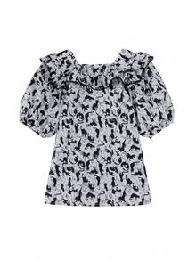 Allover Cartoon Pattern Ruffle Trim Puff Sleeve Blouse - White - View 2
