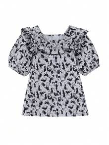 Allover Cartoon Pattern Ruffle Trim Puff Sleeve Blouse - White - View 4