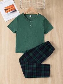 男孩格紋印花紐扣細節睡衣套裝 - 彩色 - 查看 1