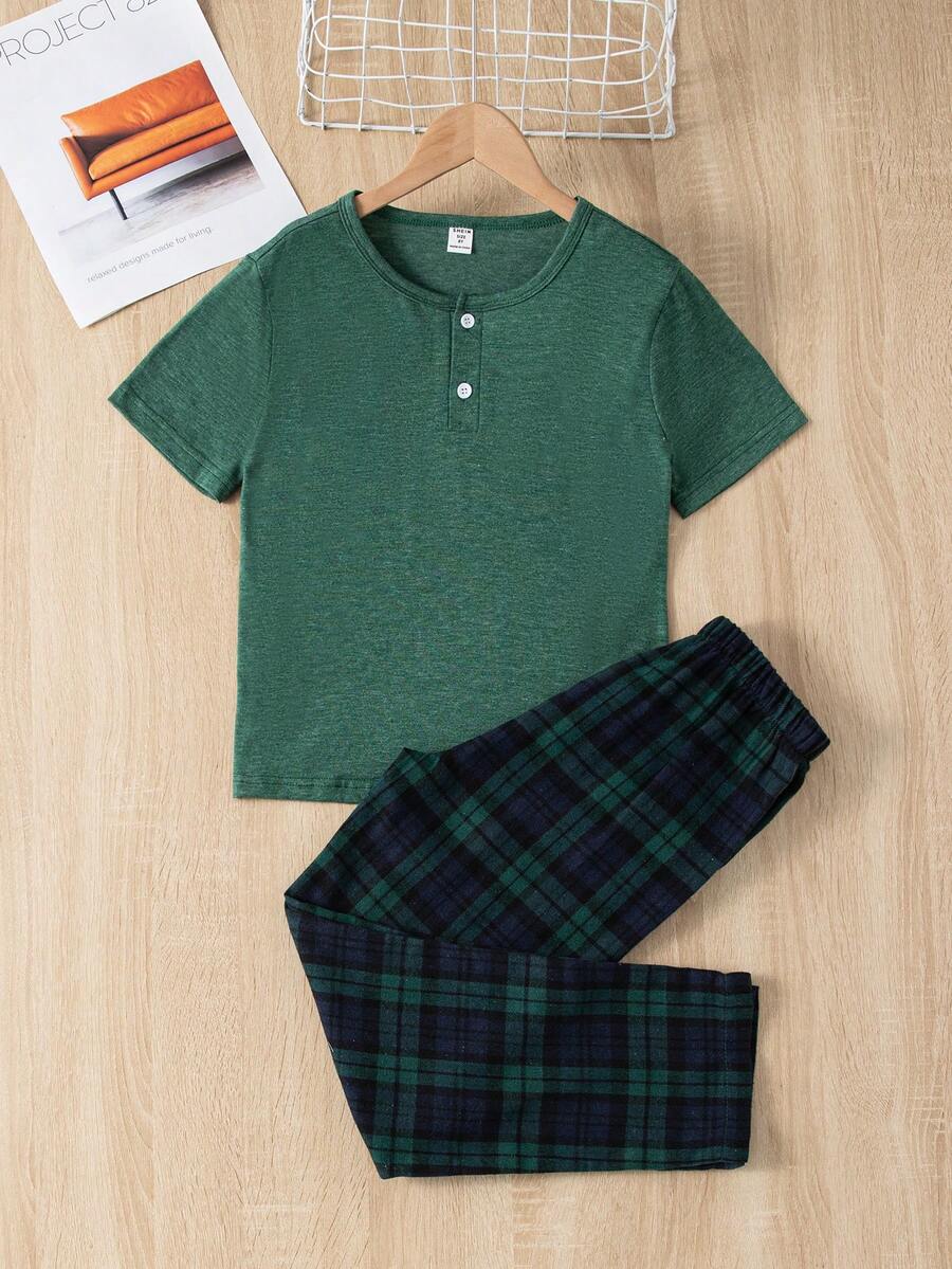 男孩格紋印花紐扣細節睡衣套裝 - 彩色 - 查看 1