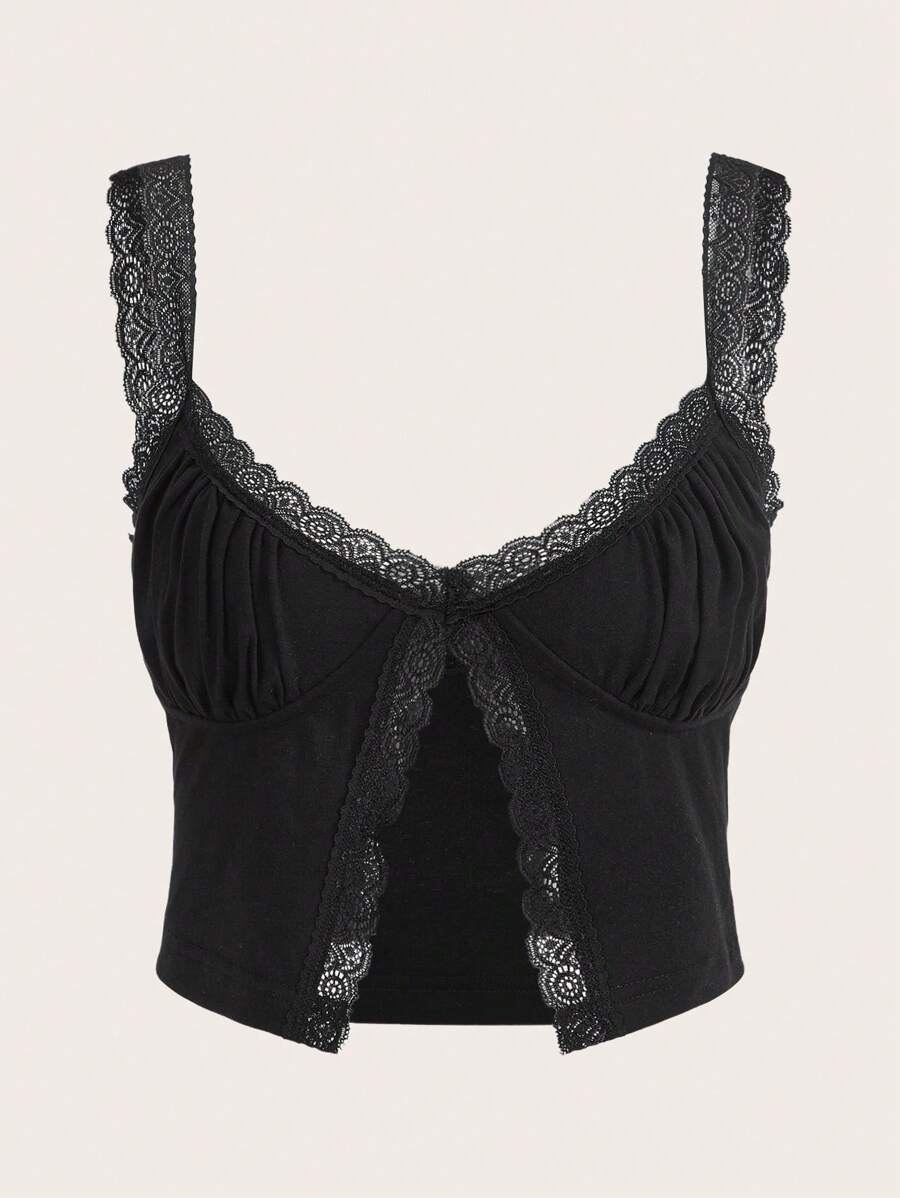 SHEIN ICON Top Corsé Negro Con Encaje A Contraste, Escote Fruncido Y Tirantes Anchos - Negro - Ver 1